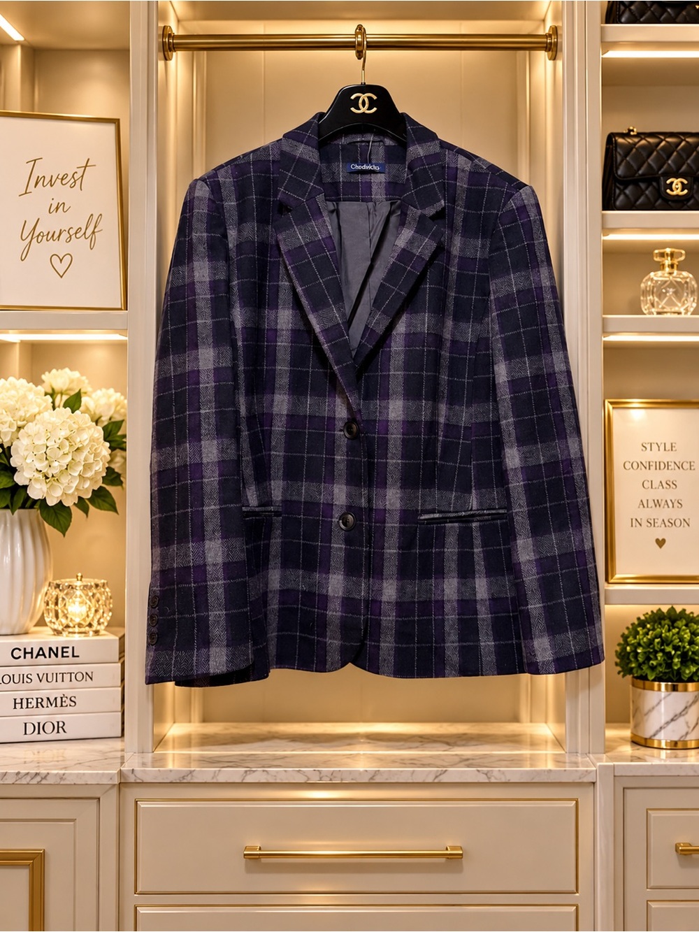 Women Navy & Purple Plaid Blazer
